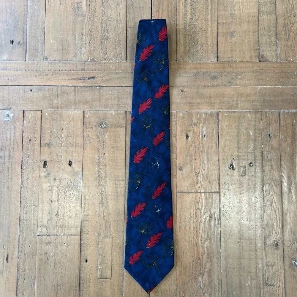 ERMENEGILDO ZEGNA Tie 100% Silk Blue Gold Leaf Print Necktie ITALY Luxury